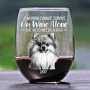 Custom Photo Pencil Sketch Pet Portrait A Woman & Her Dog - Personalized Stemless Wine Glass