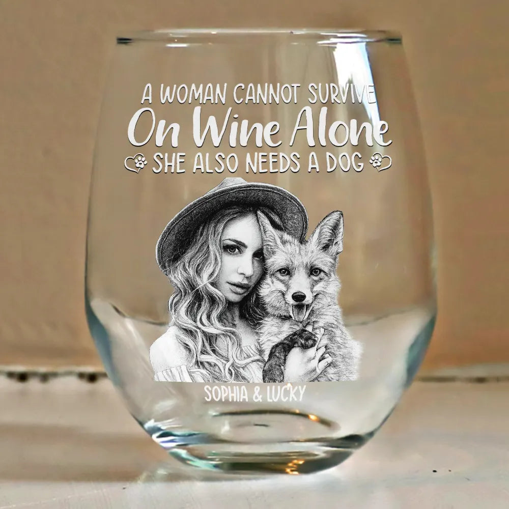 Custom Photo Pencil Sketch Pet Portrait A Woman & Her Dog - Personalized Stemless Wine Glass