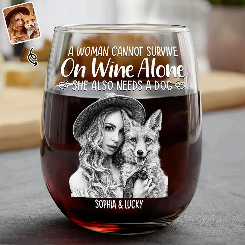 Custom Photo Pencil Sketch Pet Portrait A Woman & Her Dog - Personalized Stemless Wine Glass