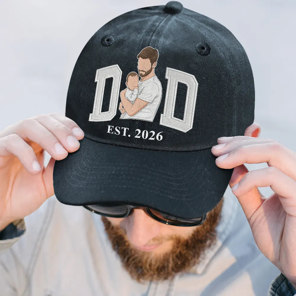 Custom Photo,Gift For Father,Happy,Non-Eng,Photo - Faceless Portrait  - Custom Photo Faceless Portrait Mom Dad Est. Embroidery Effect - Personalized Vintage Washed Denim Cap