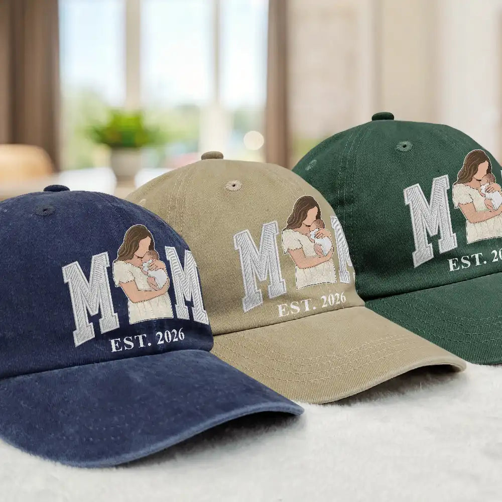Custom Photo,Gift For Father,Happy,Non-Eng,Photo - Faceless Portrait  - Custom Photo Faceless Portrait Mom Dad Est. Embroidery Effect - Personalized Vintage Washed Denim Cap