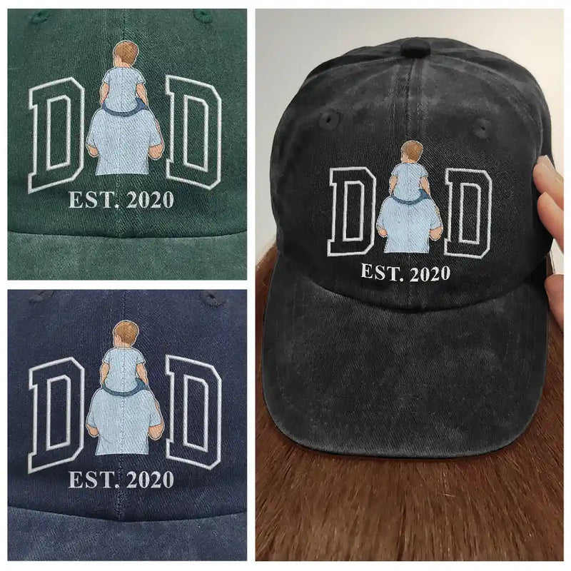 Custom Photo,Gift For Father,Happy,Non-Eng,Photo - Faceless Portrait  - Custom Photo Faceless Portrait Mom Dad Est. Embroidery Effect - Personalized Vintage Washed Denim Cap