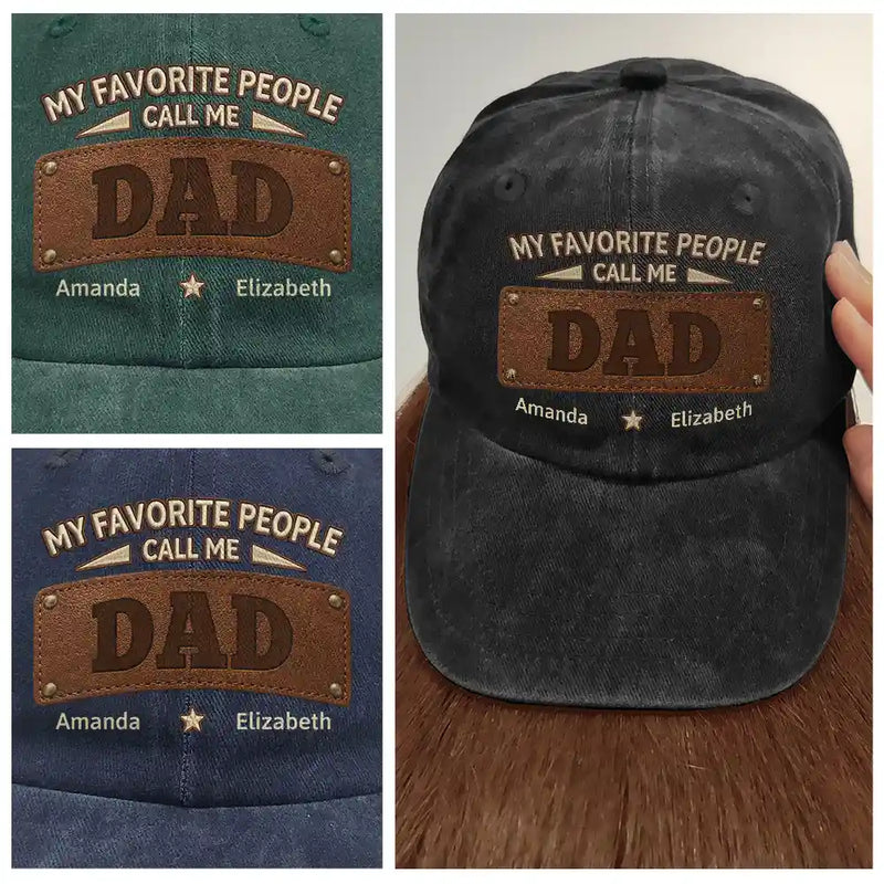 Gift For Father,Gift For Grandpa,Happy,Icon,Proud - My Favorite People Call Me Dad Grandpa Leather Patch Effect - Personalized Vintage Washed Denim Cap