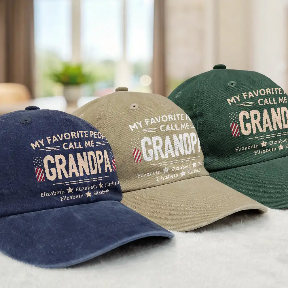 Gift For Father,Gift For Grandpa,Happy,Icon,Proud - My Favorite People Call Me Dad Grandpa Stars & Stripes - Personalized Vintage Washed Denim Cap
