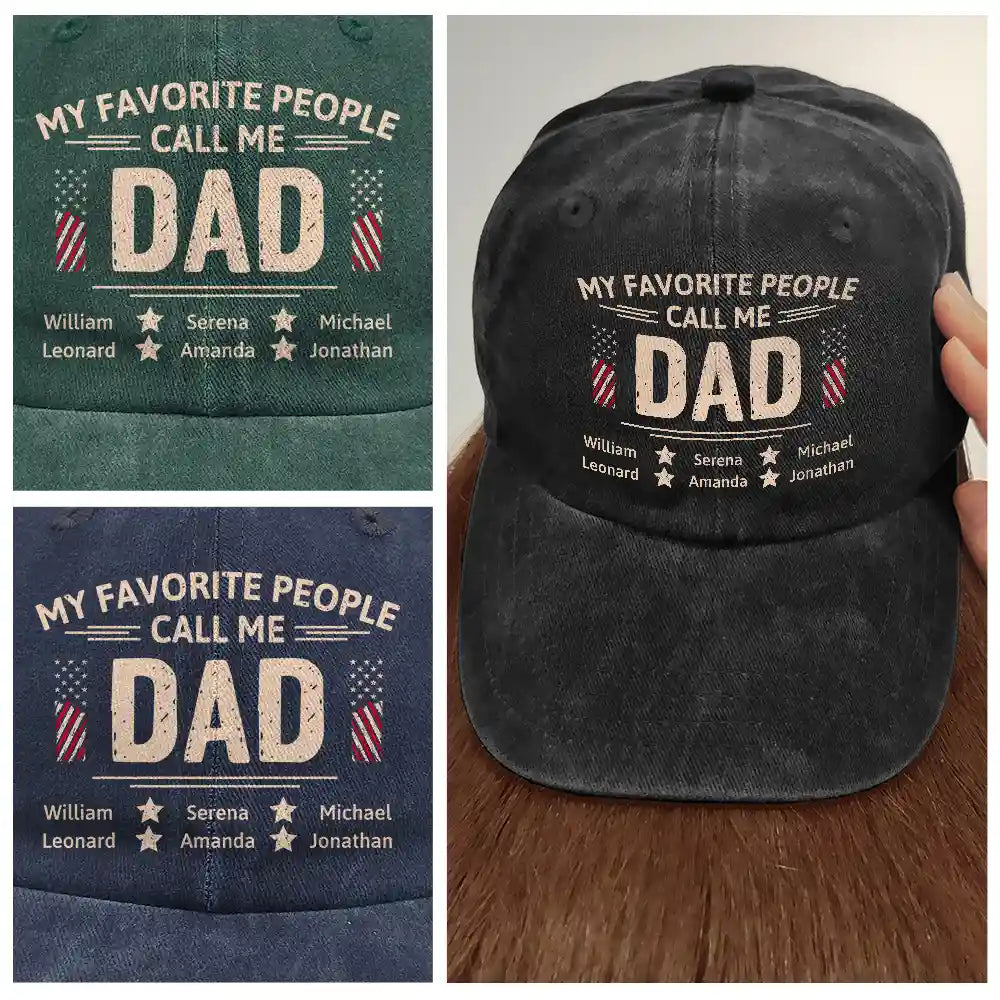 Gift For Father,Gift For Grandpa,Happy,Icon,Proud - My Favorite People Call Me Dad Grandpa Stars & Stripes - Personalized Vintage Washed Denim Cap