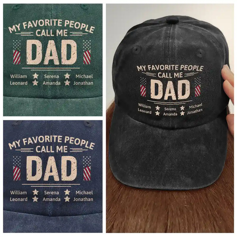Gift For Father,Gift For Grandpa,Happy,Icon,Proud - My Favorite People Call Me Dad Grandpa Stars & Stripes - Personalized Vintage Washed Denim Cap
