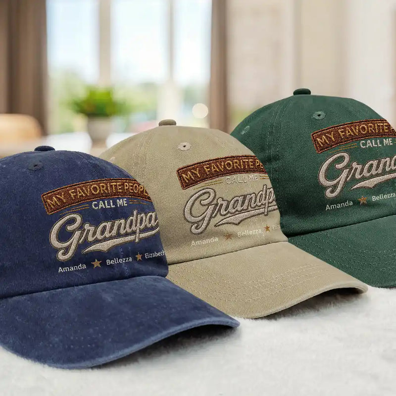 Gift For Grandpa,Gift For Father,Happy,Icon - My Favorite People Call Me Dad Grandpa Vintage Faux Embroidery Effect - Personalized Vintage Washed Denim Cap
