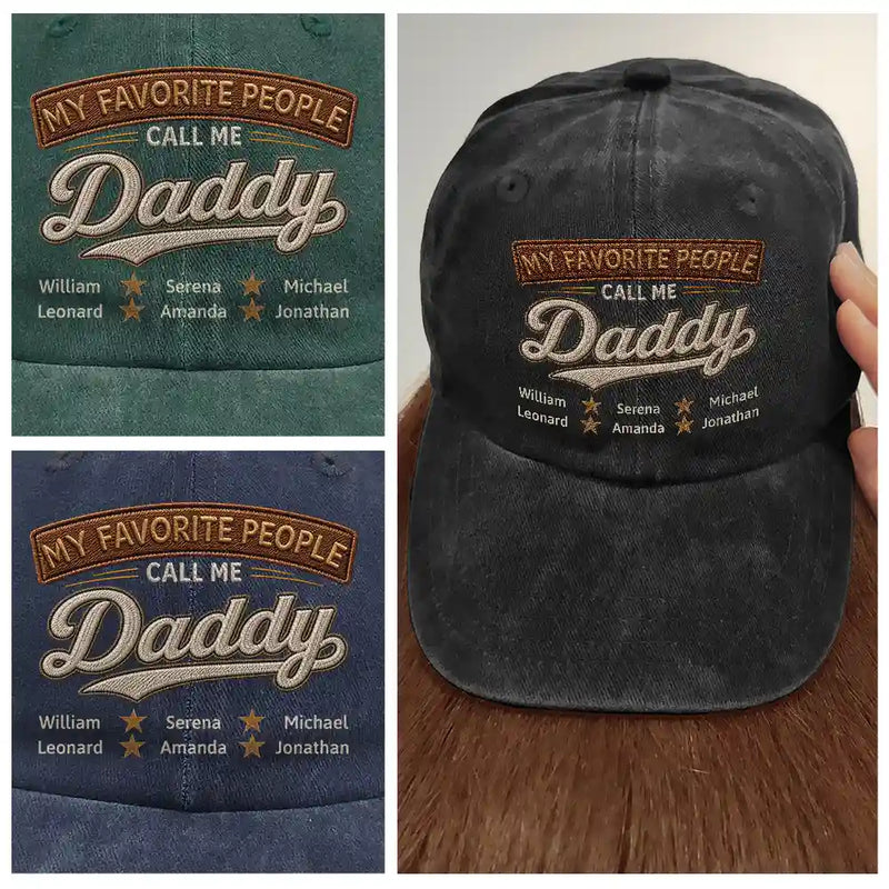 Gift For Grandpa,Gift For Father,Happy,Icon - My Favorite People Call Me Dad Grandpa Vintage Faux Embroidery Effect - Personalized Vintage Washed Denim Cap