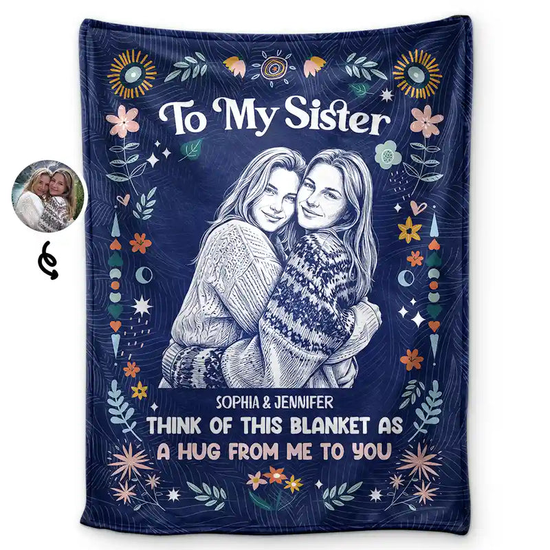 Art Design,Gift For Cousin,Christmas,Gift For Sister,Gift For Sibling,Custom Photo,Cozy,Photo - Pencil Sketch - Dark BG-Custom Photo White Pencil Sketch Art Think Of This Blanket As A Hug - Personalized Fleece Blanket, Sherpa Blanket