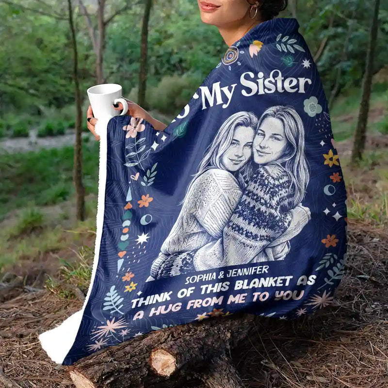 Art Design,Gift For Cousin,Christmas,Gift For Sister,Gift For Sibling,Custom Photo,Cozy,Photo - Pencil Sketch - Dark BG-Custom Photo White Pencil Sketch Art Think Of This Blanket As A Hug - Personalized Fleece Blanket, Sherpa Blanket