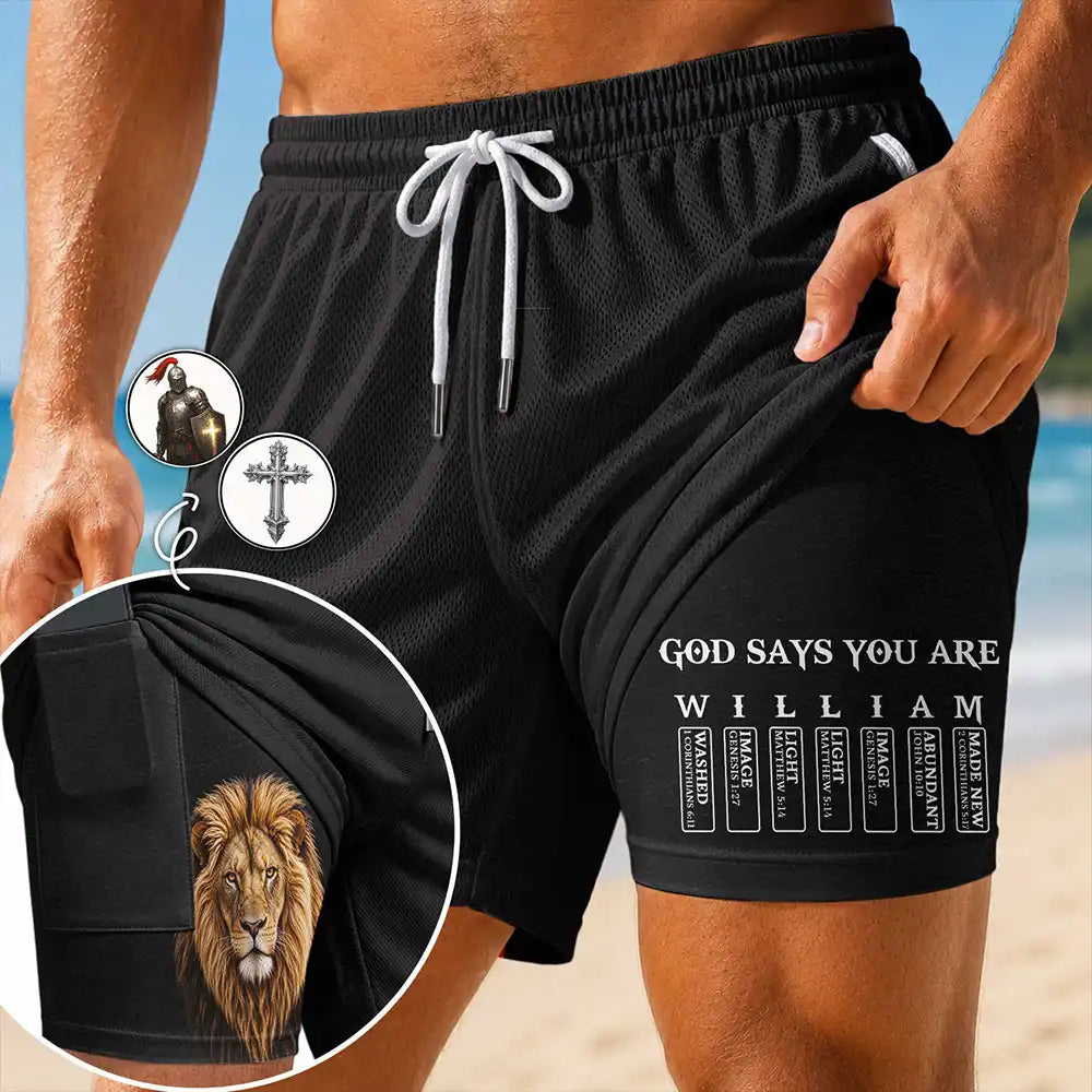 Devoted, Christian, Gift For Men, Gift For Yourself, Summer, Custom Letter, Icon - Hidden Bible Verses God Says You Are For Him, Husband, Son - Personalized Swim Trunks With Liner