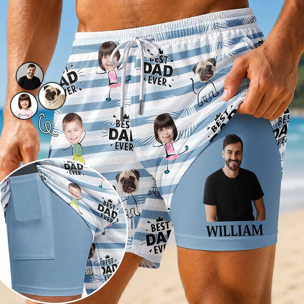 Custom Photo Best Dad Grandpa Funny Face With Kids - Personalized Swim Trunks With Liner