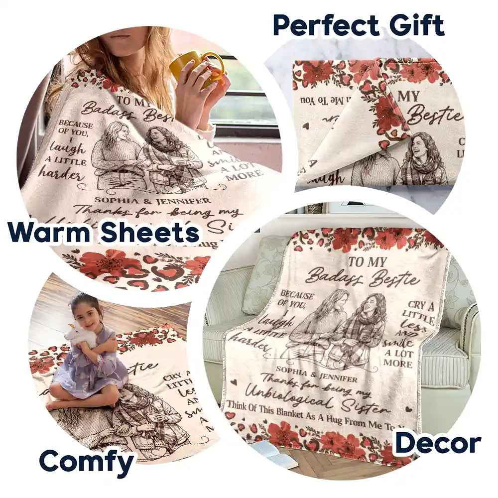 Grateful,Art Design,Gift For Bestie,Christmas,Photo - Ink Drawing - Custom Photo Ink Drawing Thanks For Being My Unbiological Sister - Personalized Fleece Blanket, Sherpa Blanket