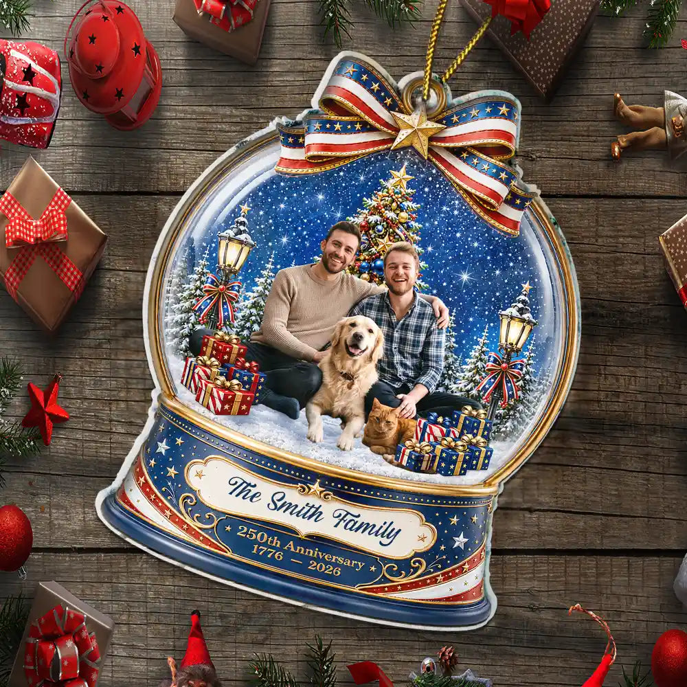 Independence Day,America 250th,Christmas,Proud,Custom Photo,Family,Remove BG Photo - Custom Photo Christmas 250th Anniversary Family Wrapped In Love - Personalized Custom Shaped Acrylic Ornament