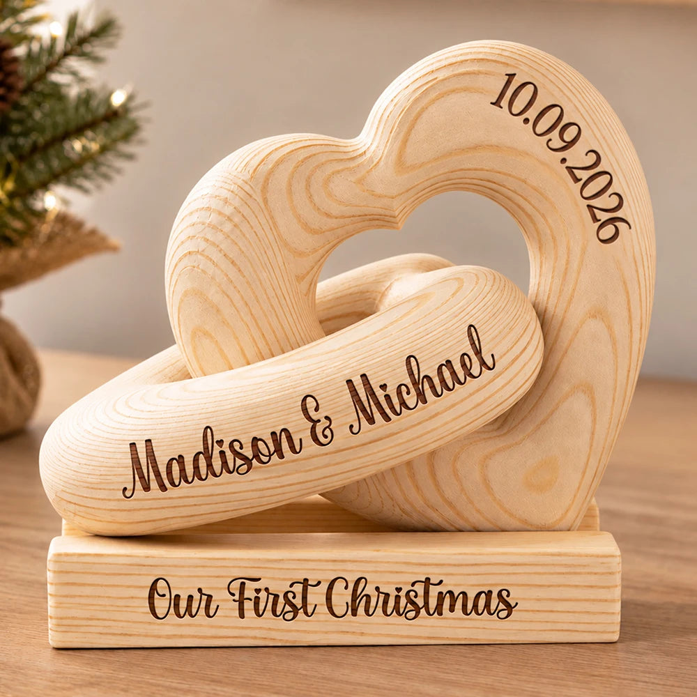 First Christmas Couples, Newlywed, Housewarming Gifts - Personalized Wooden Infinity Heart Sculpture