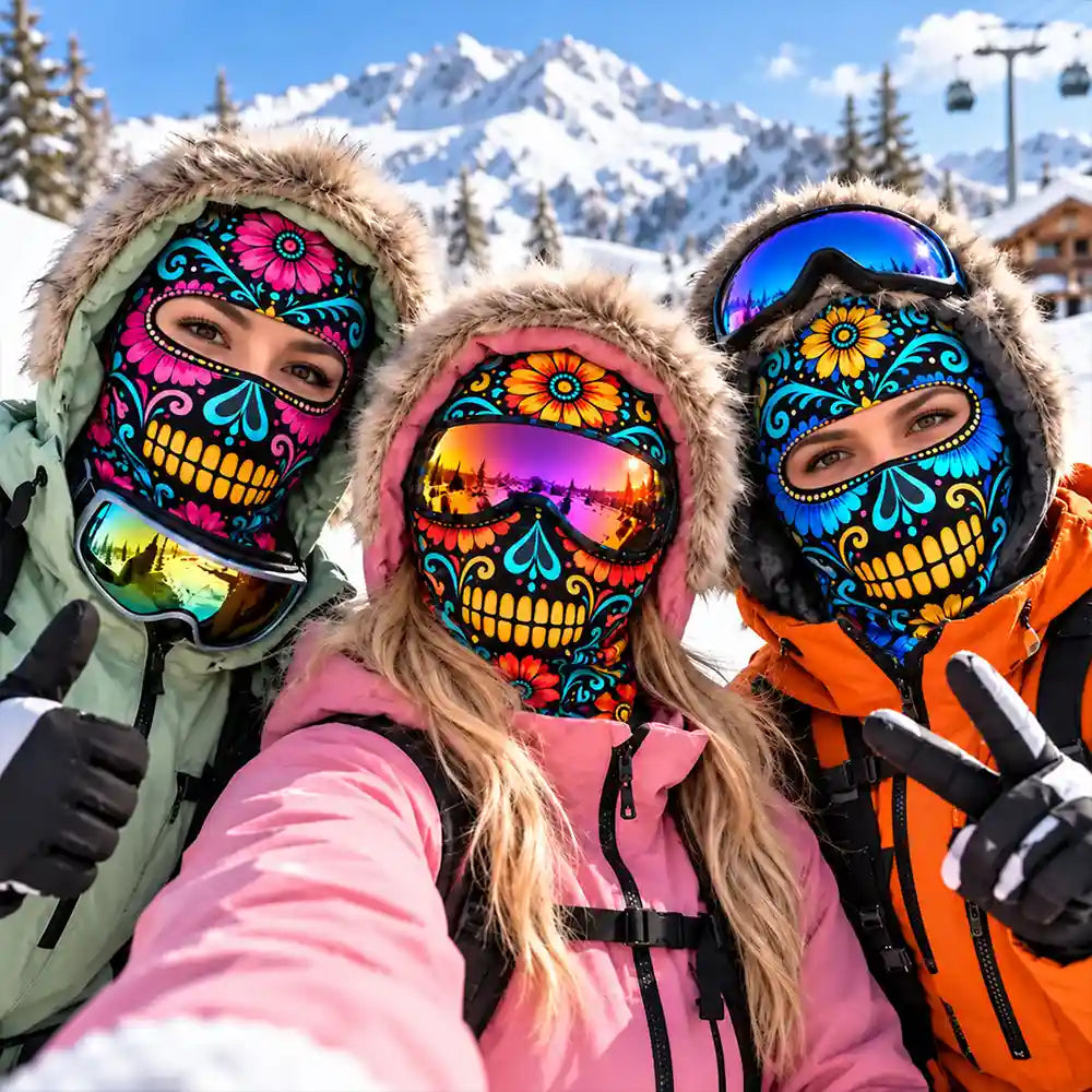 Winter Biker, Skier Sugar Skull Cool Gift For Bestie, Girl Group - Personalized 3D Realistic Christmas Funny Face Balaclava Face Mask