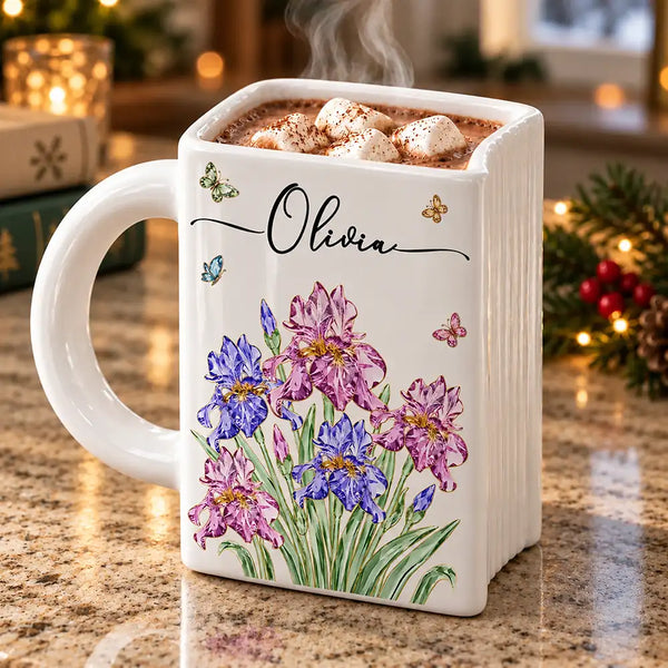 Christmas Gift For Bestie, Best Friend, Coworker, Book Lover - Personalized Crystal Effect Birth Month Flower Book Shaped Mug