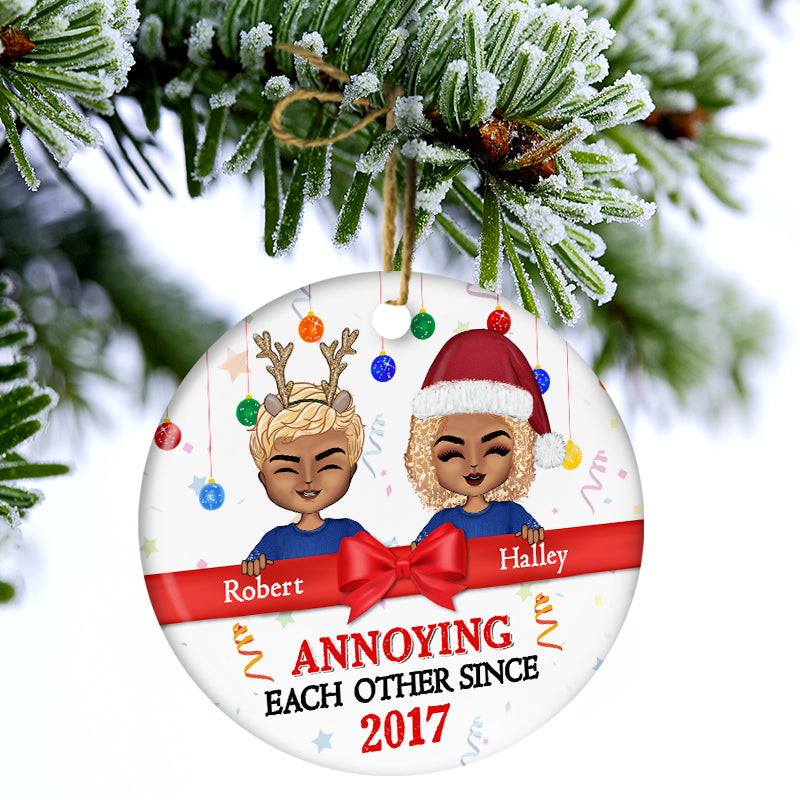 Christmas Chibi Couple Annoying Each Other Since - Personalized Custom Circle Ceramic Ornament