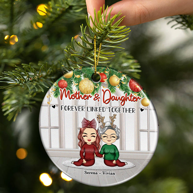 Christmas Mom & Daughters Forever Linked Together - Personalized Custom Circle Ceramic Ornament