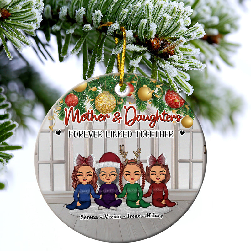 Christmas Mom & Daughters Forever Linked Together - Personalized Custom Circle Ceramic Ornament