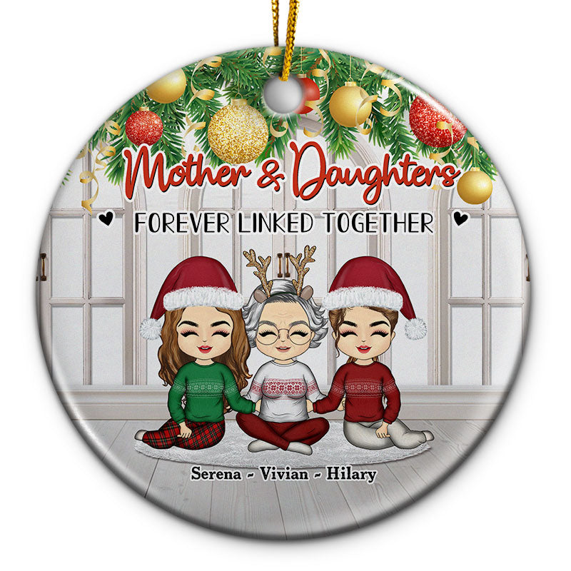 Christmas Mom & Daughters Forever Linked Together - Personalized Custom Circle Ceramic Ornament