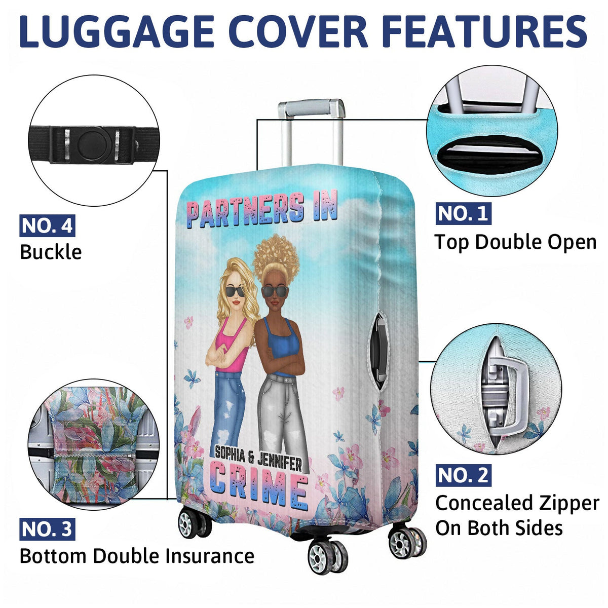 Bestie Floral Fashion Partners In Crime - Funny Gift For Bestie - Personalized Custom Luggage Cover