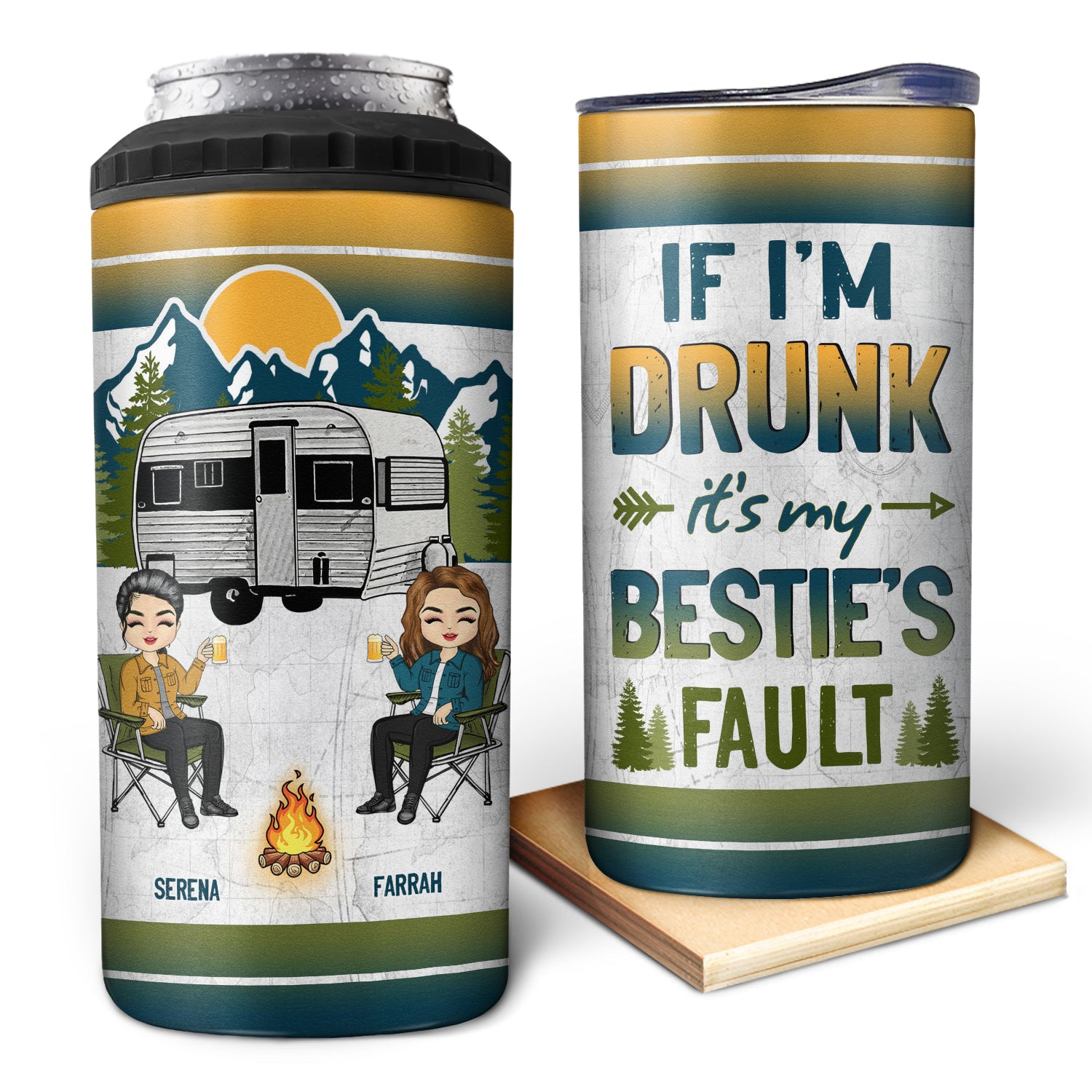 Camping If I'm Drunk - Gift For Bestie - Personalized Custom 4 In 1 Can Cooler Tumbler