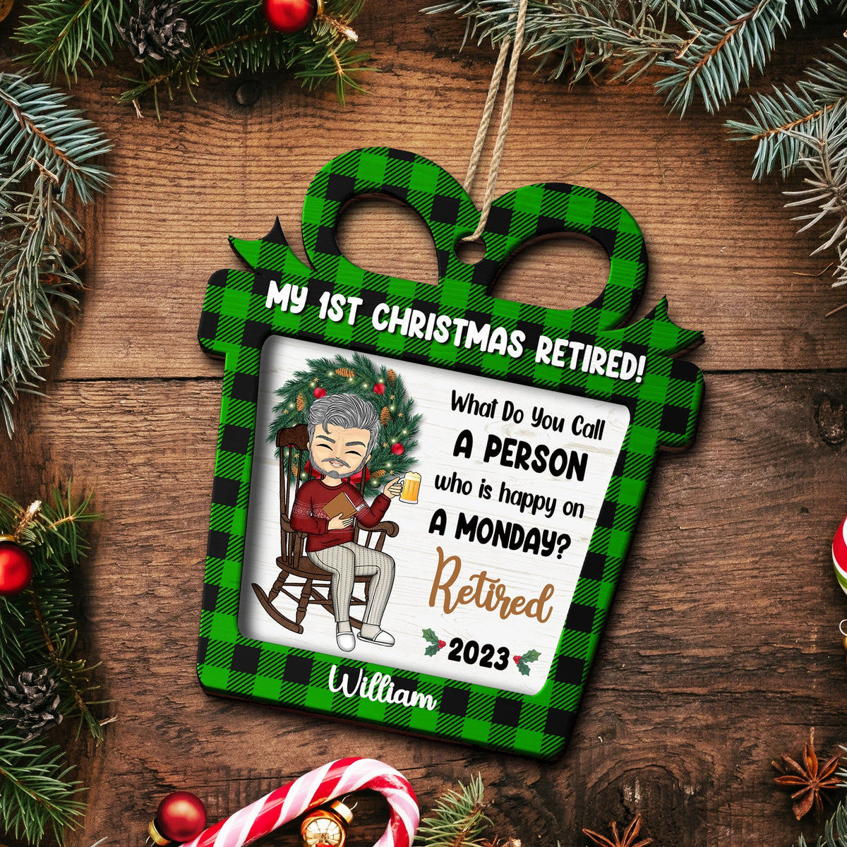 Joyeux lundi - Cadeau de retraite de Noël - Décoration en bois personnalisée à 2 couches