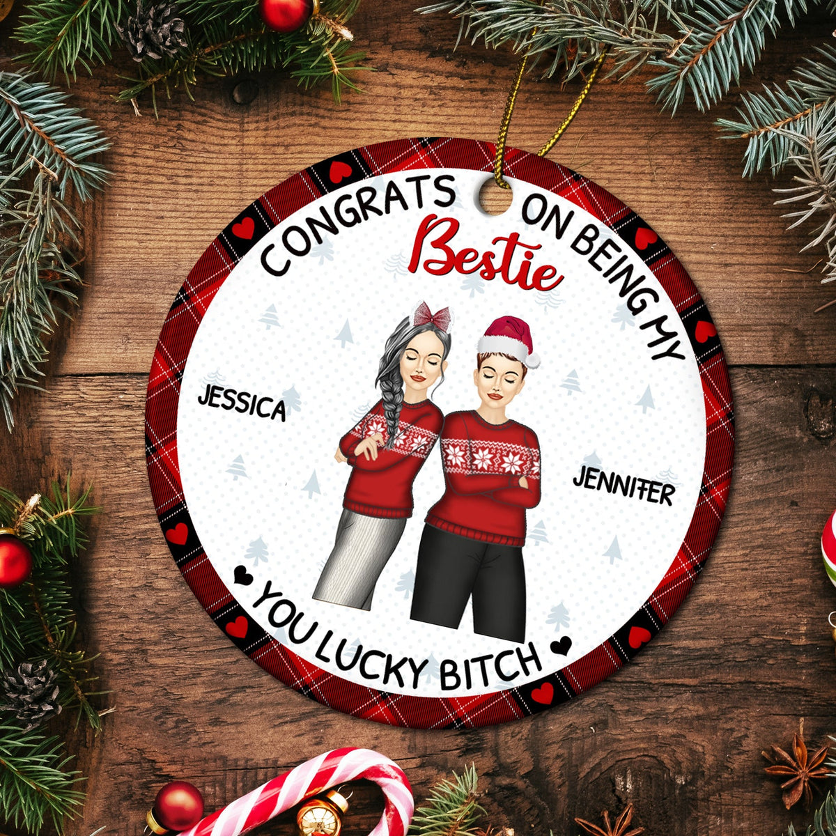 Christmas Fashion Congrats On Being My Bestie - Gift For Bestie - Personalized Circle Ceramic Ornament