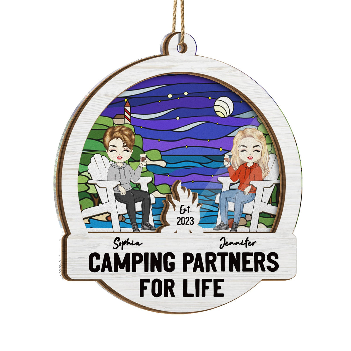 Partenaires de camping pour la vie - Cadeau de Noël pour couples - Ornement attrape-soleil personnalisé