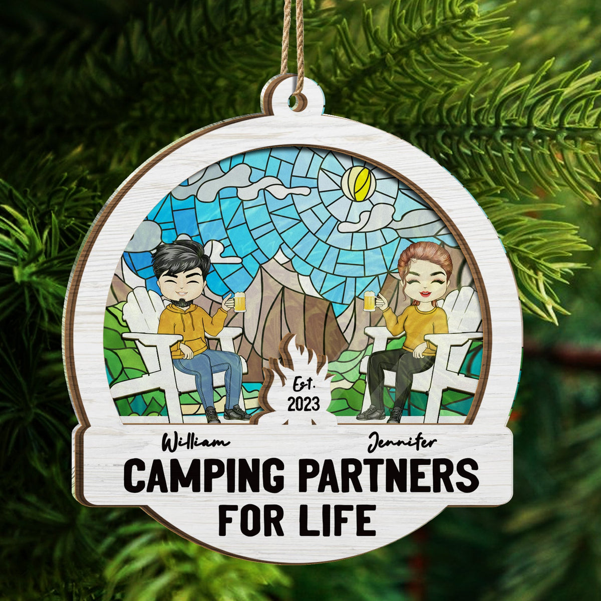 Partenaires de camping pour la vie - Cadeau de Noël pour couples - Ornement attrape-soleil personnalisé