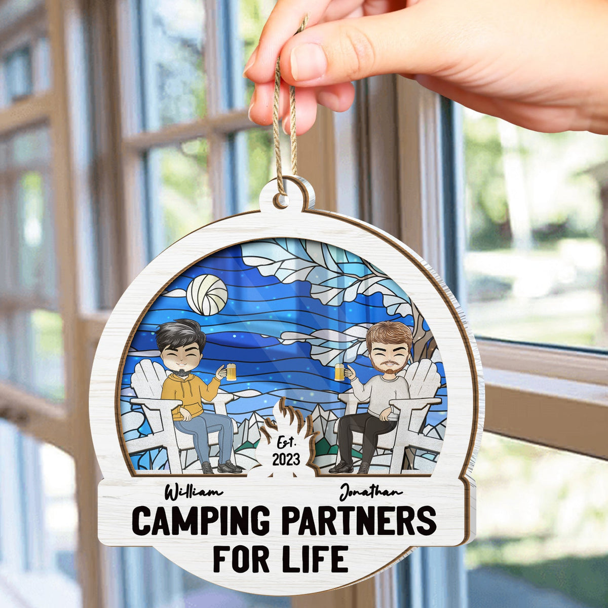 Partenaires de camping pour la vie - Cadeau de Noël pour couples - Ornement attrape-soleil personnalisé