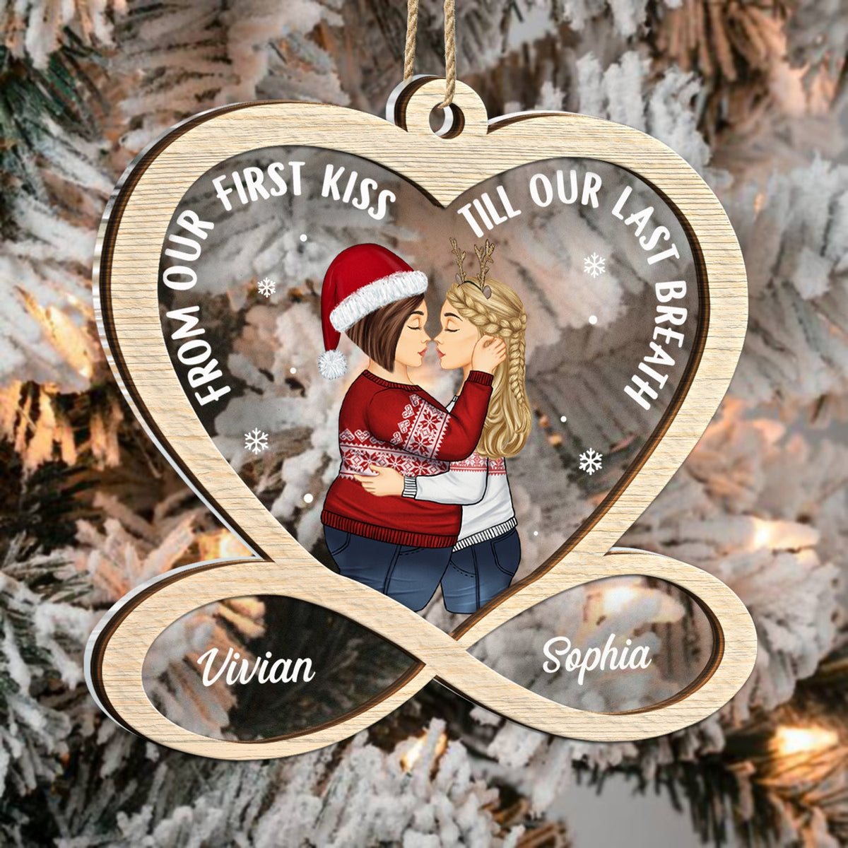 Couple de Noël de notre premier baiser - Cadeau pour couple - Décoration personnalisée à 2 couches