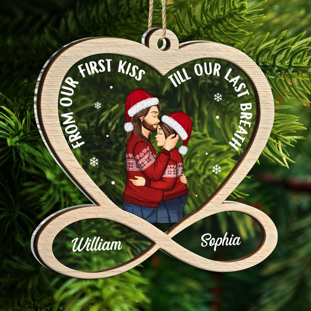 Couple de Noël de notre premier baiser - Cadeau pour couple - Décoration personnalisée à 2 couches