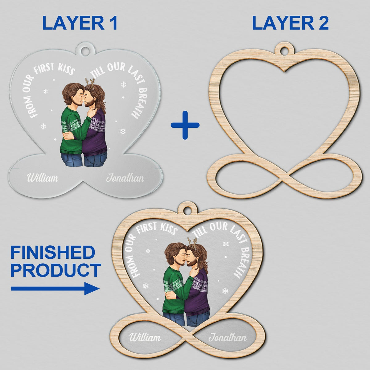 Couple de Noël de notre premier baiser - Cadeau pour couple - Décoration personnalisée à 2 couches