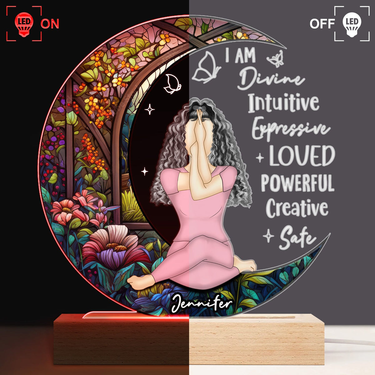 Yoga I Am Divine - Gift For Yourself - Personalized 3D Led Light Wooden Base