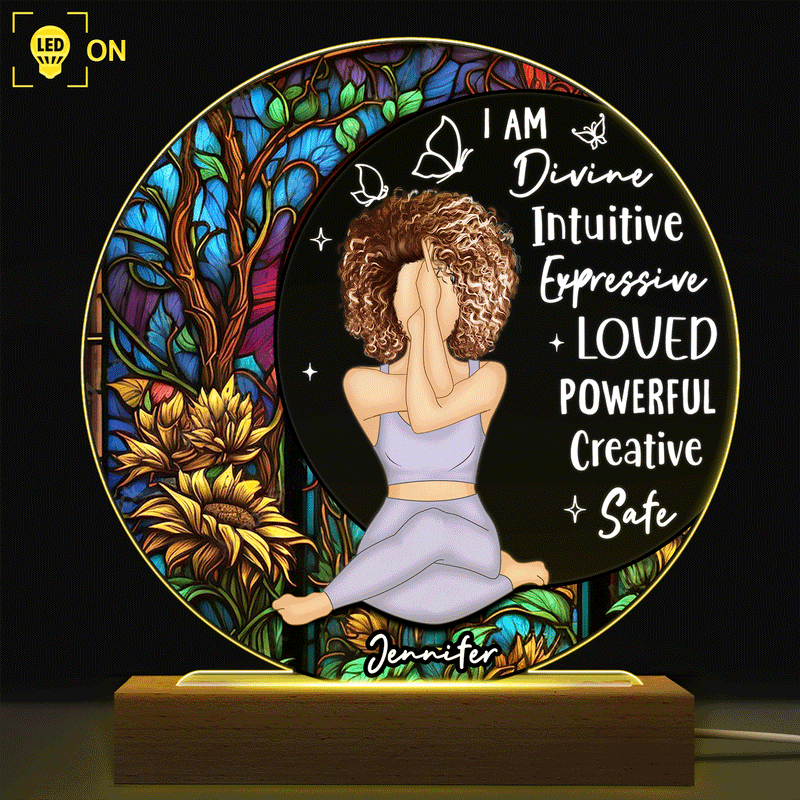 Yoga I Am Divine - Gift For Yourself - Personalized 3D Led Light Wooden Base