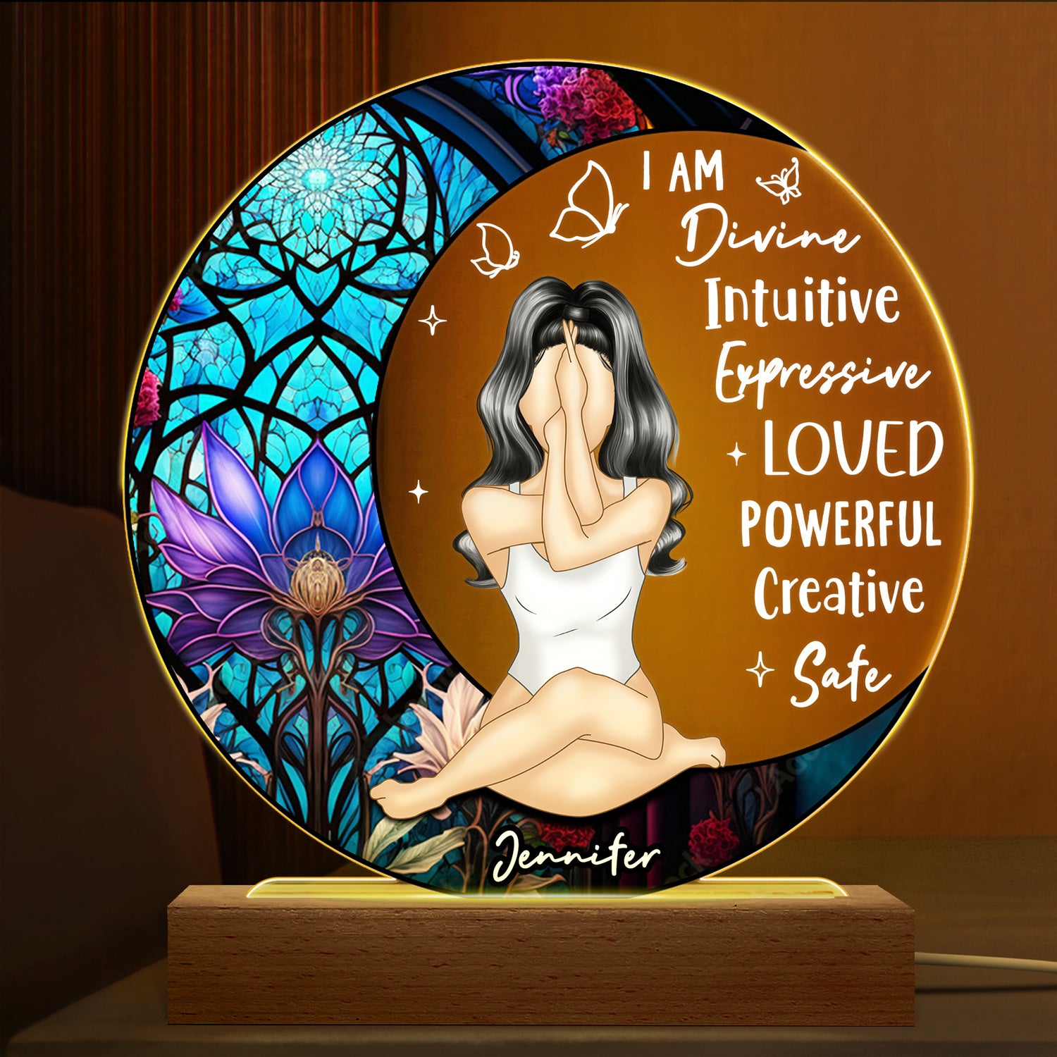 Yoga I Am Divine - Gift For Yourself - Personalized 3D Led Light Wooden Base