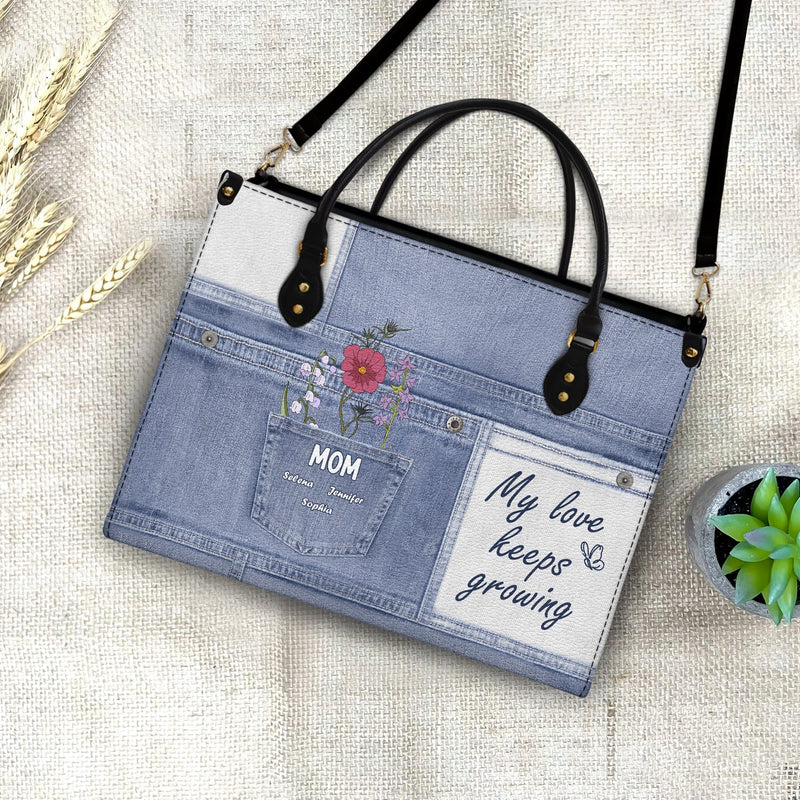 Mon amour grandit sans cesse - Cadeau pour grand-mère et mère - Sac en cuir personnalisé