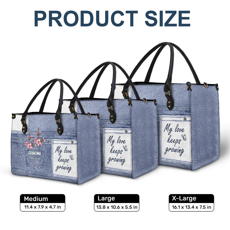 Mon amour grandit sans cesse - Cadeau pour grand-mère et mère - Sac en cuir personnalisé