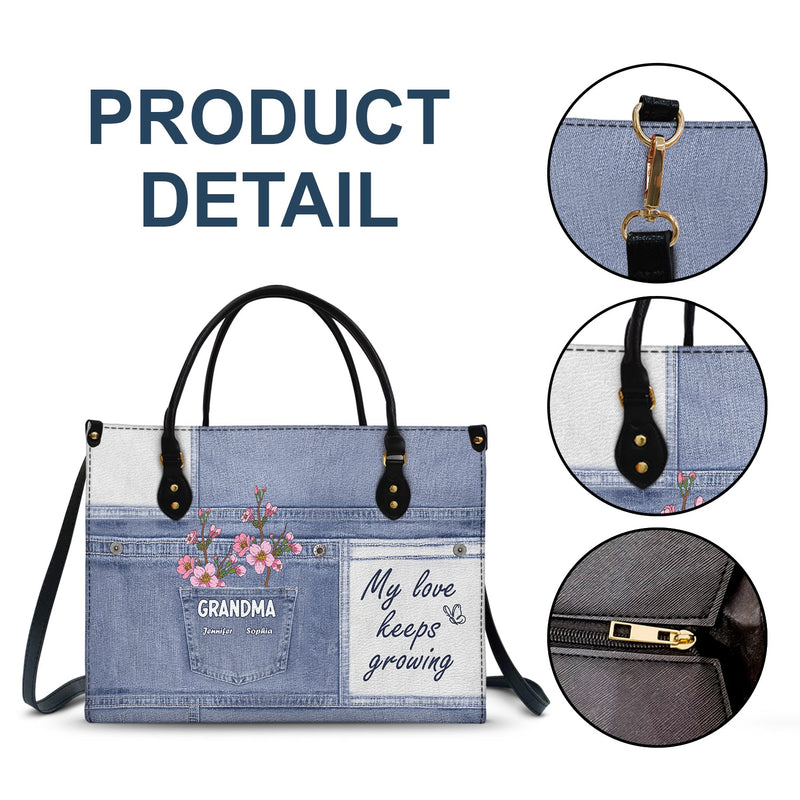 Mon amour grandit sans cesse - Cadeau pour grand-mère et mère - Sac en cuir personnalisé