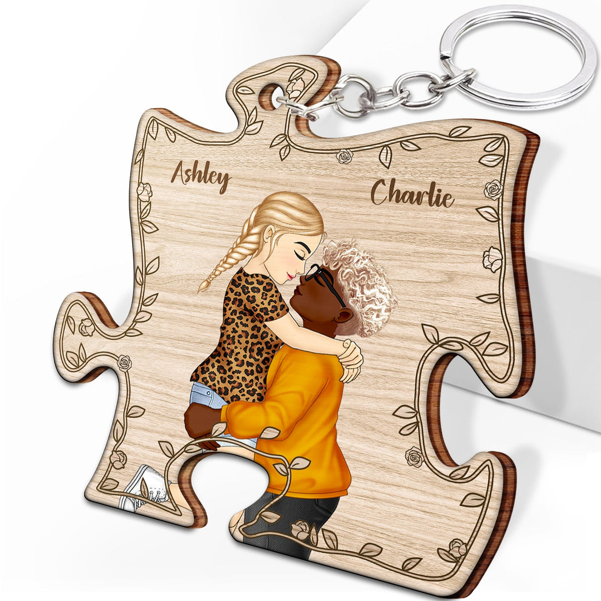 Cartoon Kissing Couple My Missing Piece - Gift For Couples - Personalized Wooden Keychain