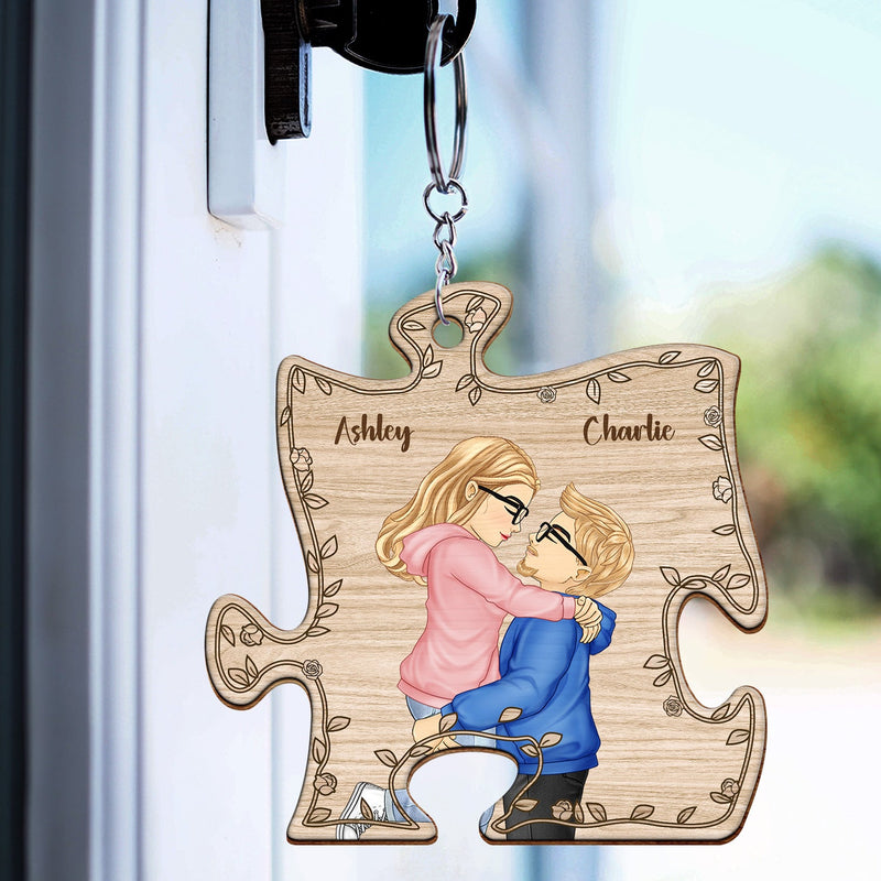 Cartoon Kissing Couple My Missing Piece - Gift For Couples - Personalized Wooden Keychain