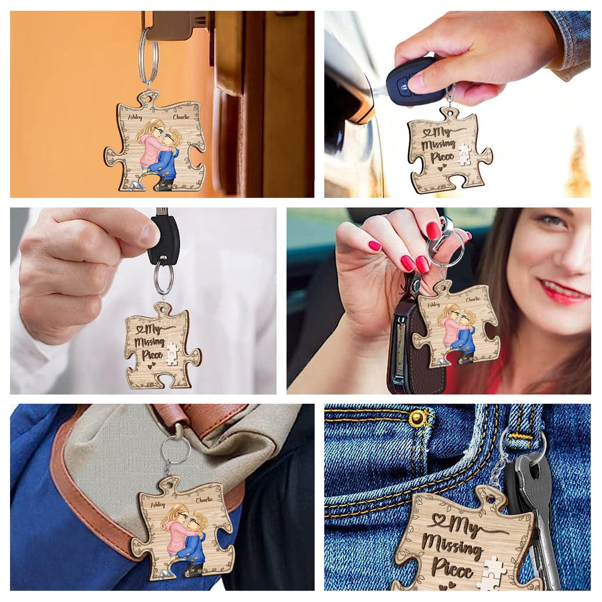 Cartoon Kissing Couple My Missing Piece - Gift For Couples - Personalized Wooden Keychain