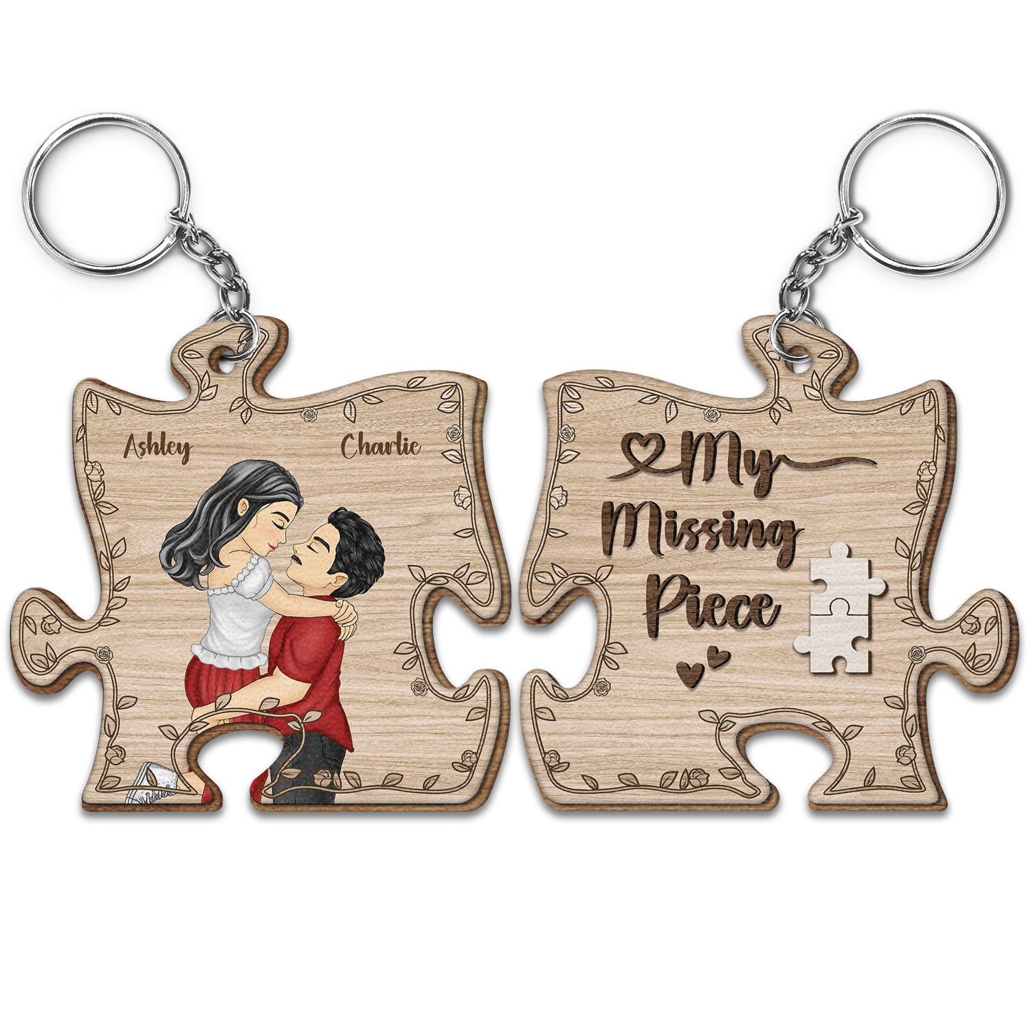 Cartoon Kissing Couple My Missing Piece - Gift For Couples - Personalized Wooden Keychain
