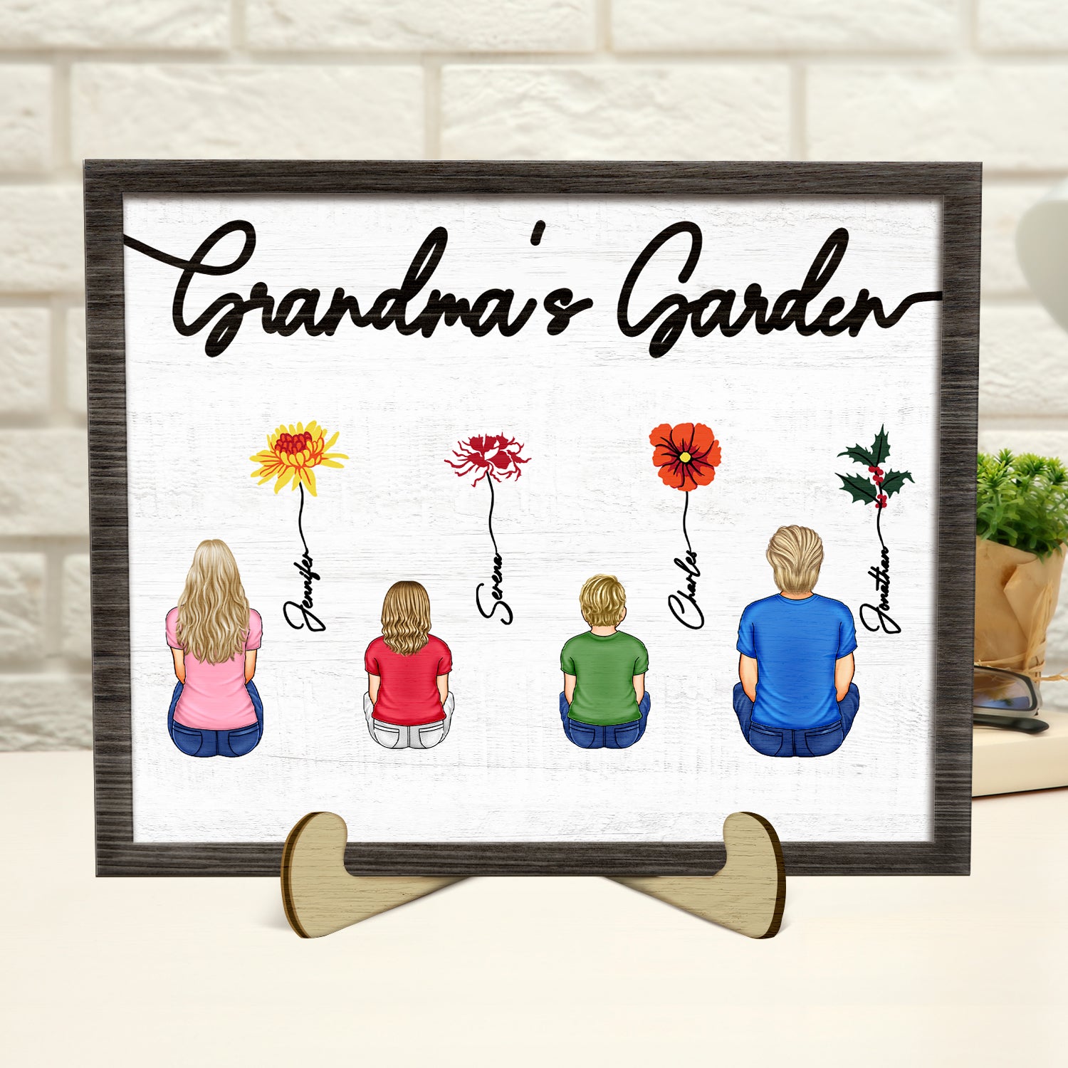 Backside Birth Month Flowers Garden - Gift For Grandma, Gift For Mother - Personalized 2-Layered Wooden Plaque With Stand
