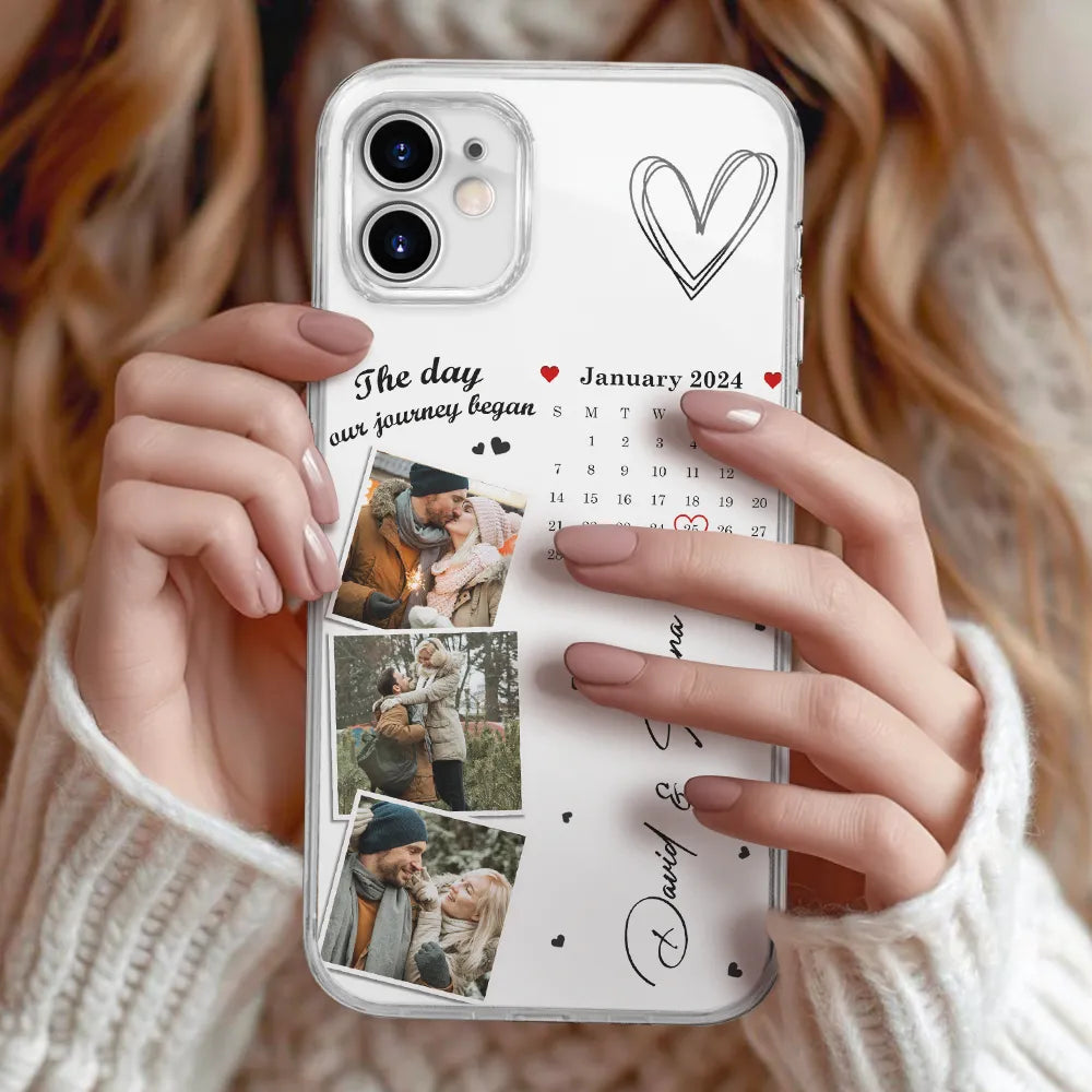 Calendrier photo personnalisé « Le jour où notre voyage a commencé » – Cadeau pour couples – Coque de téléphone transparente personnalisée