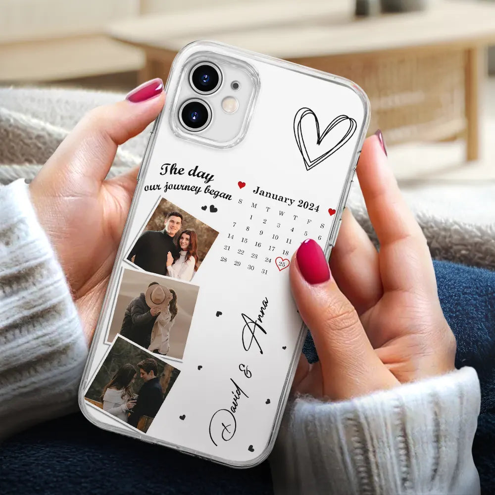 Calendrier photo personnalisé « Le jour où notre voyage a commencé » – Cadeau pour couples – Coque de téléphone transparente personnalisée