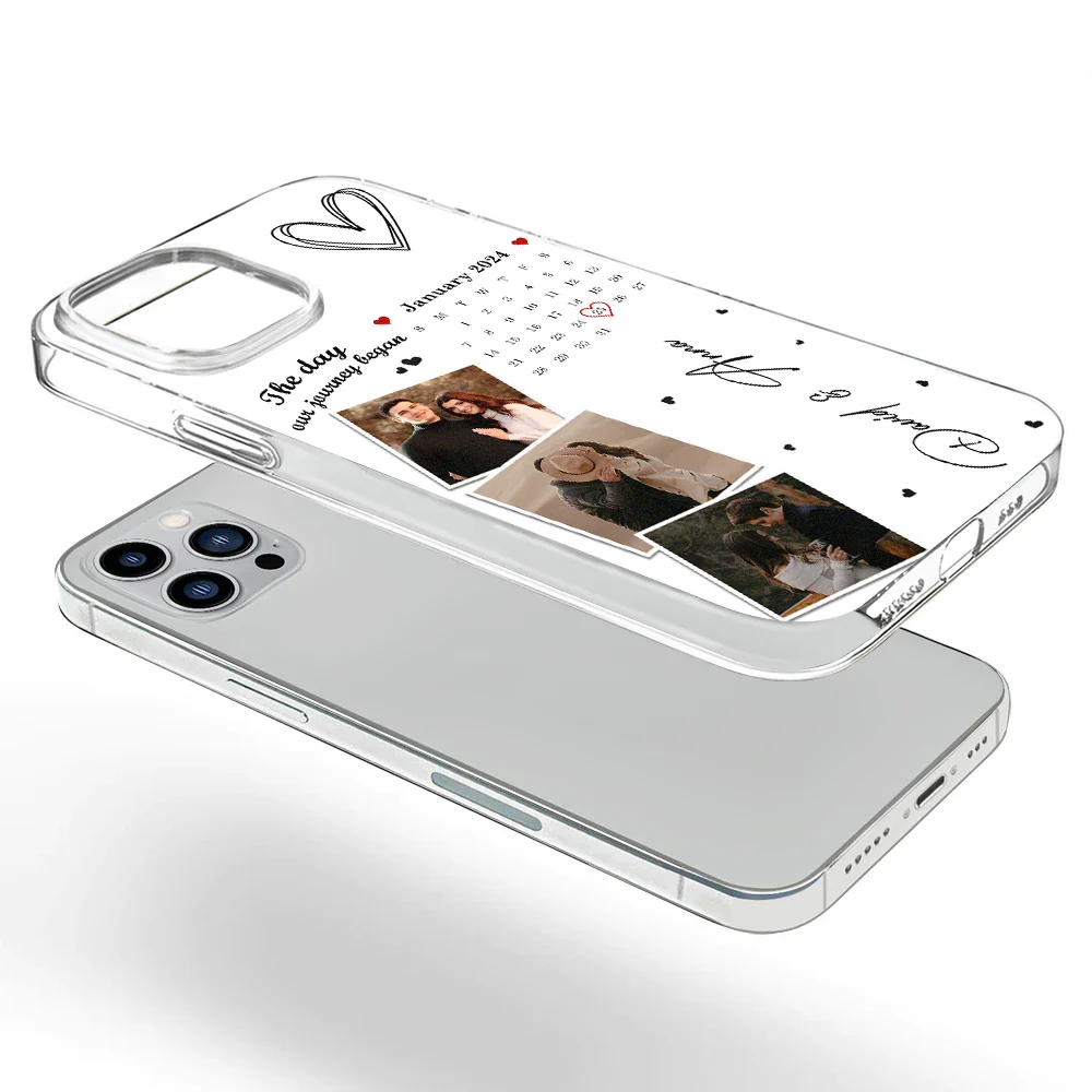 Calendrier photo personnalisé « Le jour où notre voyage a commencé » – Cadeau pour couples – Coque de téléphone transparente personnalisée