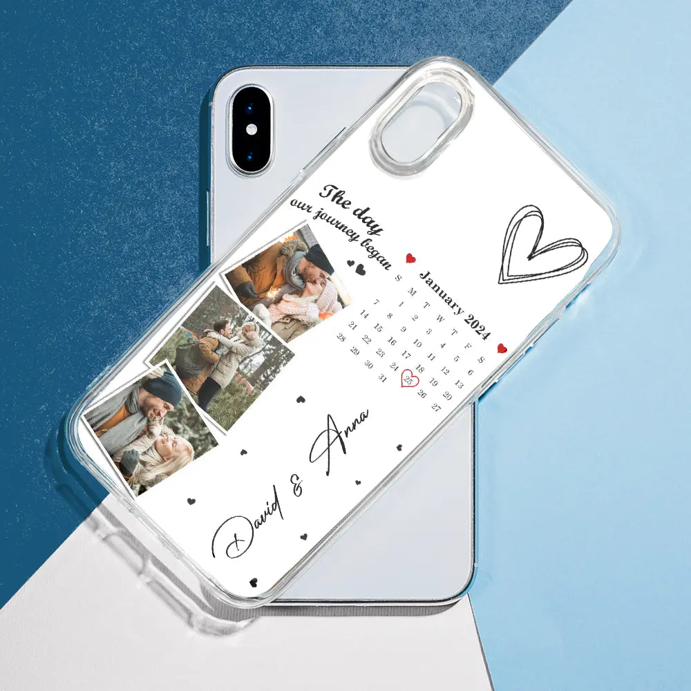Calendrier photo personnalisé « Le jour où notre voyage a commencé » – Cadeau pour couples – Coque de téléphone transparente personnalisée